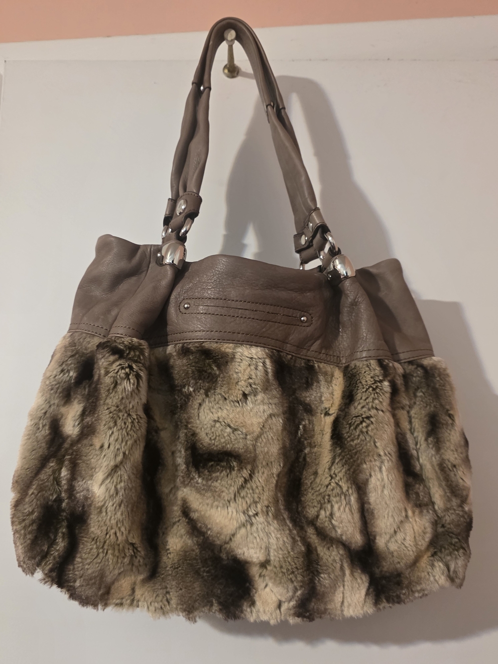 b. makowsky Taupe Brown Faux Fur & Leather-Trim Shoulder Bag